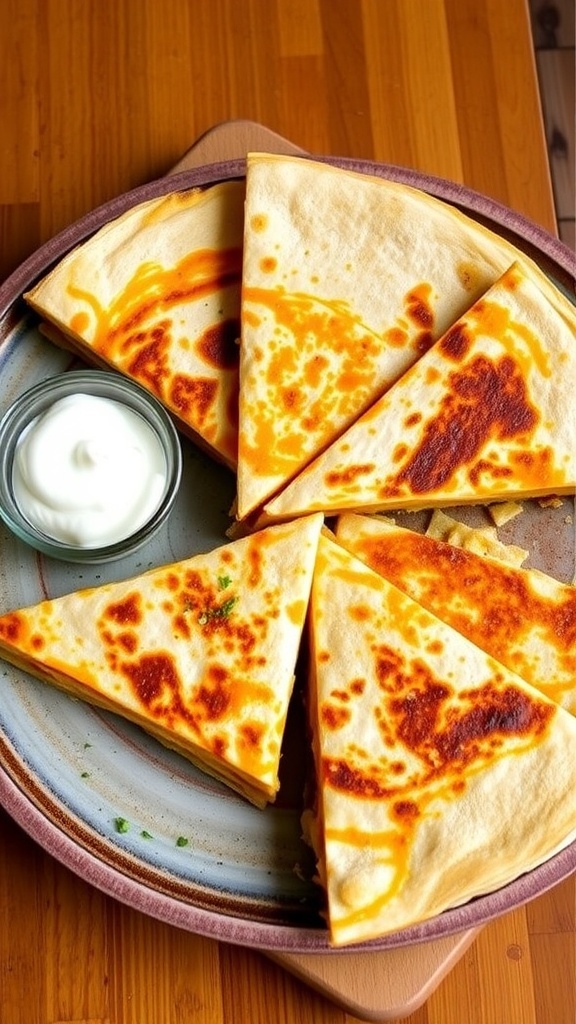 Pumpkin quesadilla wedges with cheese filling, served with sour cream on a rustic plate.